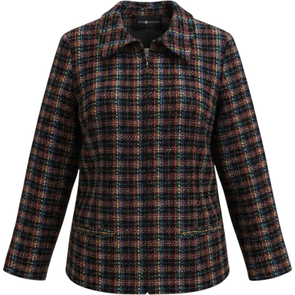 Sag Harbor Tweed Jacket Women 12P Black Rainbow Multi Zip Up Vintage Grandmacore